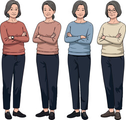 Four Older Women Standing Arms Crossed Different Tops Isolated