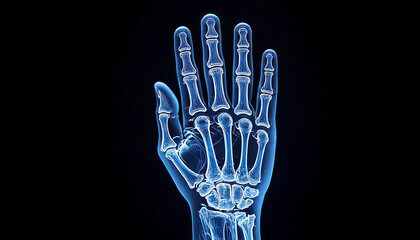 Naklejka premium a digital illustration of the bones of a human hand and wrist. Blue X-ray image of the hand.
