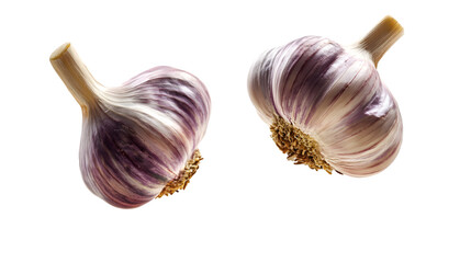 A single garlic clove drifts gently in clean background, isolated on white