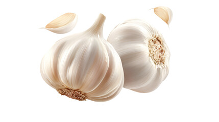 A single garlic clove drifts gently in clean background, isolated on white