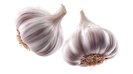 A fresh garlic bulb floats gracefully in midair, isolated on white