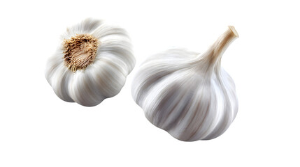 A fresh garlic bulb floats gracefully in midair, isolated on white