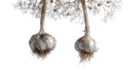 A fresh garlic bulb floats gracefully in midair, isolated on white