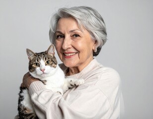 A cheerful senior woman with gray hair is smiling while tenderly holding a tabby and white cat in a close-up, emotional portrait against a neutral background.
