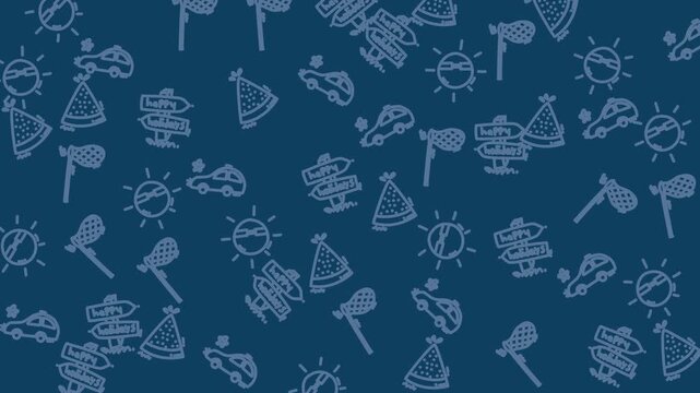 Seamless Pattern - Abstract Blue Background with Hand-Drawn Camping and Outdoor Adventure Icons.