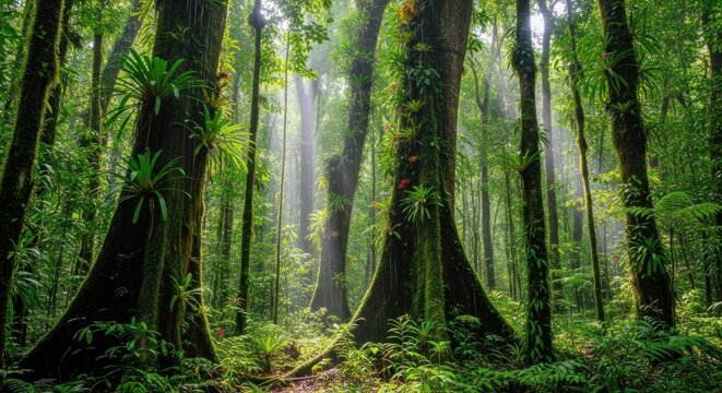 Two large, green, leafy trees with moss and ferns growing on them, surrounded by dense green foliage and sunlight filtering through the canopy, with a misty, foggy atmosphere in the background.
