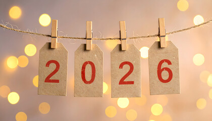The numbers 2026 are printed in red on four brown tags, which are hung from a piece of twine with wooden clothespins against a warm, glowing bokeh background of festive lights.