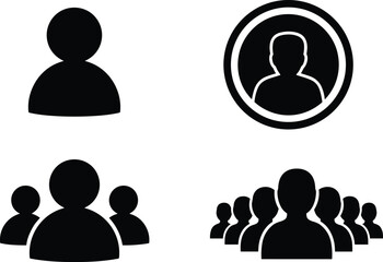 User and group icon set, black vector silhouettes of individual profiles, small teams, and large communities for UI and social interface design