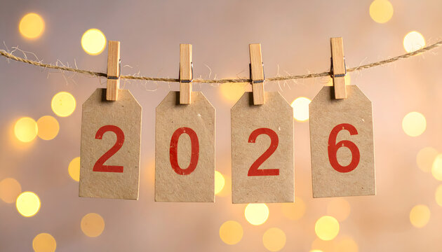 The numbers 2026 are printed in red on four brown tags, which are hung from a piece of twine with wooden clothespins against a warm, glowing bokeh background of festive lights.
