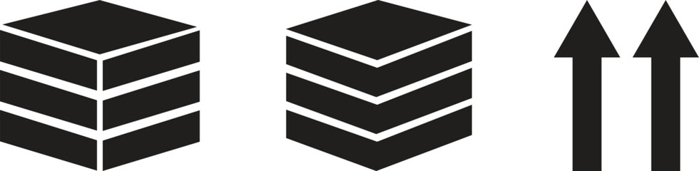 Logistics packaging symbols, stackable boxes, layers, and upward arrow handling icons