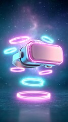 Obraz premium Stunning 3D Floating Icons Surrounding a VR Headset in a Cosmic Atmosphere with Vibrant Neon Colors and Futuristic Design Elements