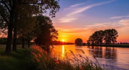 A serene sunset over a calm river with trees on both sides, reflecting the vibrant colors of the sky.