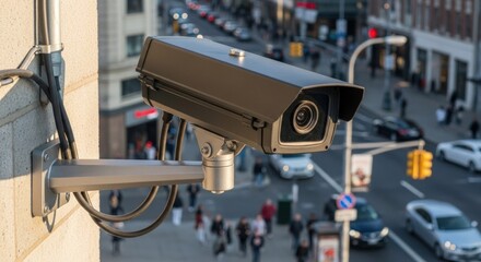 A security camera mounted on a wall, capturing a busy city street with cars, pedestrians, and buildings in the background.