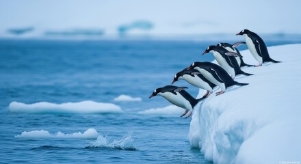 Group of penguins diving off an ice floe into the ocean water in a cold antarctic environment scene