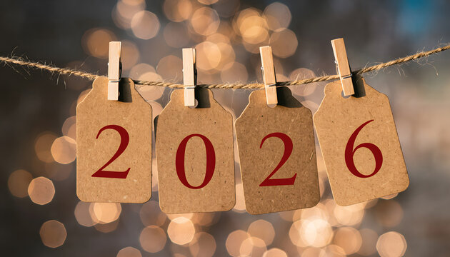 The numbers 2026 are printed in red on four brown tags, which are hung from a piece of twine with wooden clothespins against a warm, glowing bokeh background of festive lights.