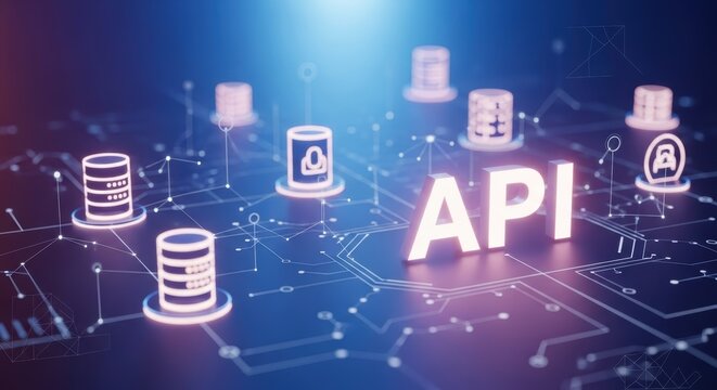 Illuminated api text with server icons on a blue circuit board background in a digital network concept
