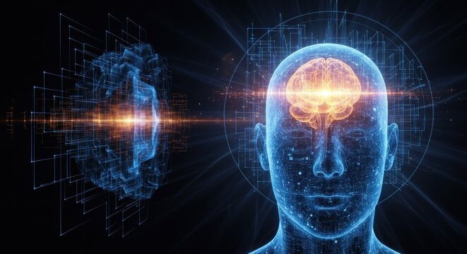 A human head with a glowing brain and a digital brain in the background.
