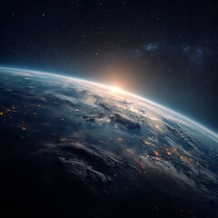 A view of Earth from space with a sunrise illuminating the horizon