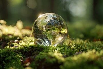 A glass globe depicting the Earth rests on vibrant green moss in a sunlit forest