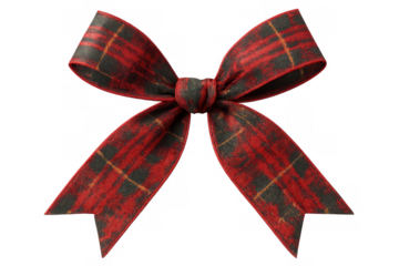 Festive tartan ribbon bow against a transparent background, perfect for christmas packaging, holiday decoration, and gift wrapping concepts