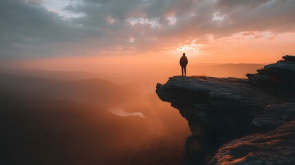 A person stands on a rocky cliff overlooking a misty valley at sunset