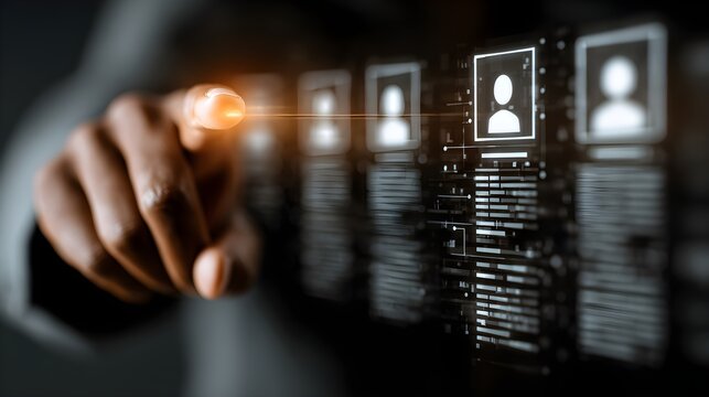 HR tech interface: manager reviewing online resumes via digital network system. Smart recruitment solution for matching qualified candidates with company needs using tech-enhanced hiring tools jpg