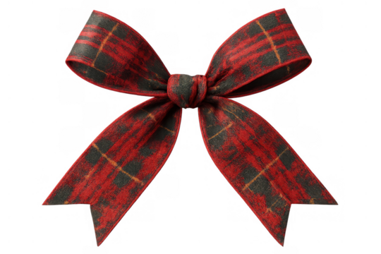 Festive tartan ribbon bow against a transparent background, perfect for christmas packaging, holiday decoration, and gift wrapping concepts