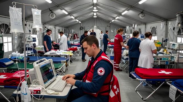 Medical personnel working in a field hospital during a crisis.