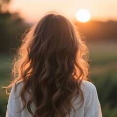 4k high quality Ai generative HD photo realistic silhouette shadow sunset sunrise woman lady girl beach ocean sea pretty beautiful sky watching view brown long hair curly wavy back side closeup up