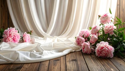 A serene still life featuring flowing white fabric drapery and vibrant pink peony flowers resting on a rustic, aged wooden table, with soft backlight.