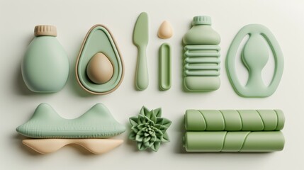 Top-down flat lay of 3D wellness lifestyle items in a clay style. Minimalist green avocado, yoga mat, and bottle for healthy, fitness, and self-care concepts.