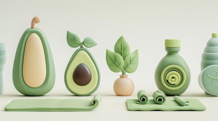 Cute 3D clay-style avocado illustration, showing the process from fruit and seedling to product. Minimalist healthy food and skincare concept on a beige background.