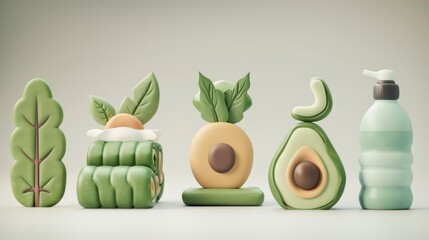 3D clay-style icons for natural beauty and wellness. Collection includes avocado, pineapple, leaf, and lotion bottle. Minimalist banner for organic products, spa, or eco lifestyle concepts.