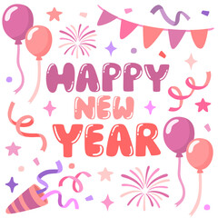  Cute Happy New Year Greeting Card with Balloons and Confetti 