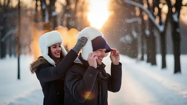 Happy young couple sharing a joyful and playful moment in a snow-covered winter park during golden hour, with the woman affectionately adjusting the man's warm earflap hat