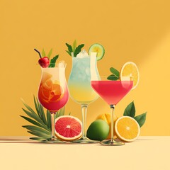 Three colorful cocktails with garnishes on a yellow background