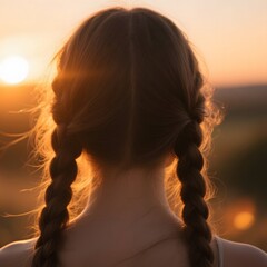 4k high quality Ai generative HD photo realistic silhouette shadow sunset sunrise woman lady girl kids children pretty beautiful sky watching view short hair cute curly back side closeup haircut braid
