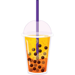 Transparent background iced fruit tea with tapioca pearls and purple straw