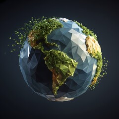 A geometric representation of Earth with green foliage and a dark background