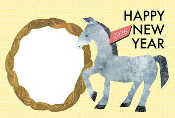 馬とフォトフレームのカジュアルな年賀状テンプレート　2026年午年年賀はがき