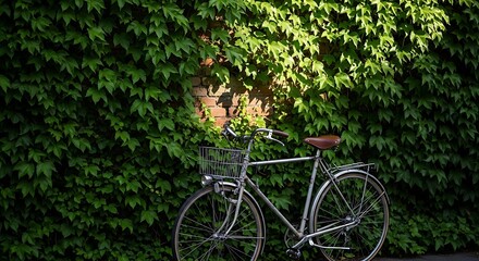 Fototapeta premium Bicycle parked against a lush green ivy-covered wall on a sunny day.