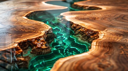 Detail of modern furniture: Glowing teal epoxy resin flowing through natural live-edge wood slabs. Abstract texture background concept for luxury interior design and custom woodworking craft.