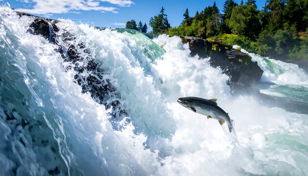 Salmon leaps over a powerful waterfall - Powered by Adobe