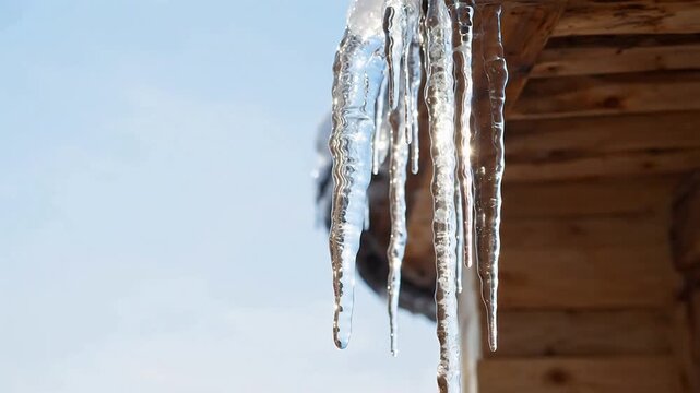 hestia. Close-up of large clear icicle hanging from roof edge in winter light. travel magazines, destination branding, designed for travel destination branding, used by web designers.