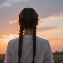 4k high quality Ai generative HD photo realistic silhouette shadow sunset sunrise woman lady girl beach sea pretty beautiful sky watching view short hair cute curly back side twintail haircut braid