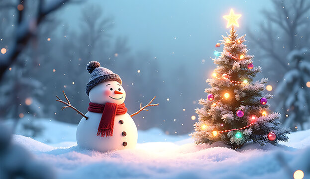 A cheerful snowman stands beside a christmas tree in a snowy winter wonderland scene 4k and hd image