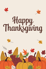 Obraz premium Vector art of happy thanksgiving harvest theme with pumpkins, corn, grapes, apples, and autumn leaves scattered on a light background