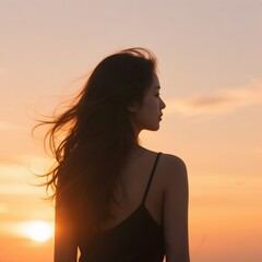 4k high quality Ai generative HD photo realistic silhouette shadow sunset sunrise woman lady girl beach ocean sea pretty beautiful sky watching view brown long hair curly wavy back right closeup