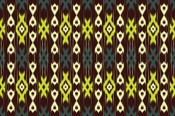 Vibrant Neon Ikat Seamless Pattern, Modern Ethnic Geometric Vector, High Contrast Tribal Textile with Lime Green and Teal on Dark Brown Background.