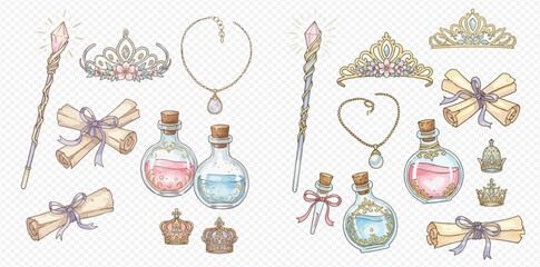 Watercolor illustration set of magical princess accessories including wands, tiaras, necklaces, scrolls, and potion bottles. © studio